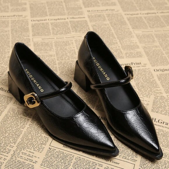 Black Elegant Women's Minimalist Pointed Toe Chunky Heel Pumps - Picture 5 of 5